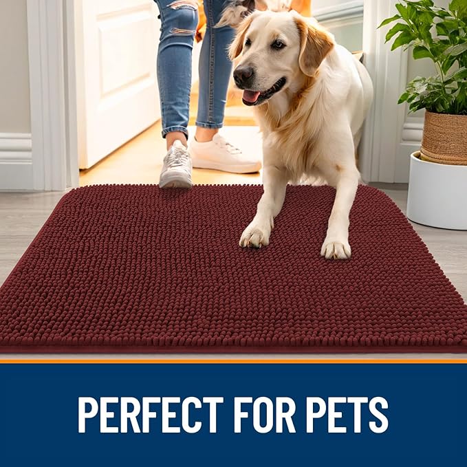 OLANLY Dog Door Mat for Muddy Paws 32x20, Absorbs Moisture and Dirt, Absorbent Non-Slip Washable Doormat, Quick Dry Chenille Mud Mat, Entry Indoor Entryway Carpet for Inside Floor, Caramel Russet