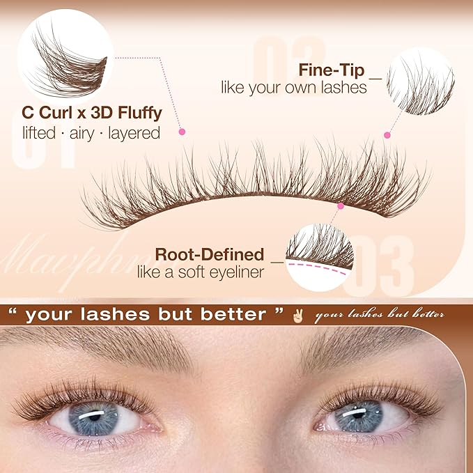 12MM Lash Clusters Brown Eyelash Clusters Natural Fluffy Wispy Cluster Eyelash Extensions with Clear Band & C Curl - For Noticeable But Not Dramatic Look, Soft Glam Sweet Spot