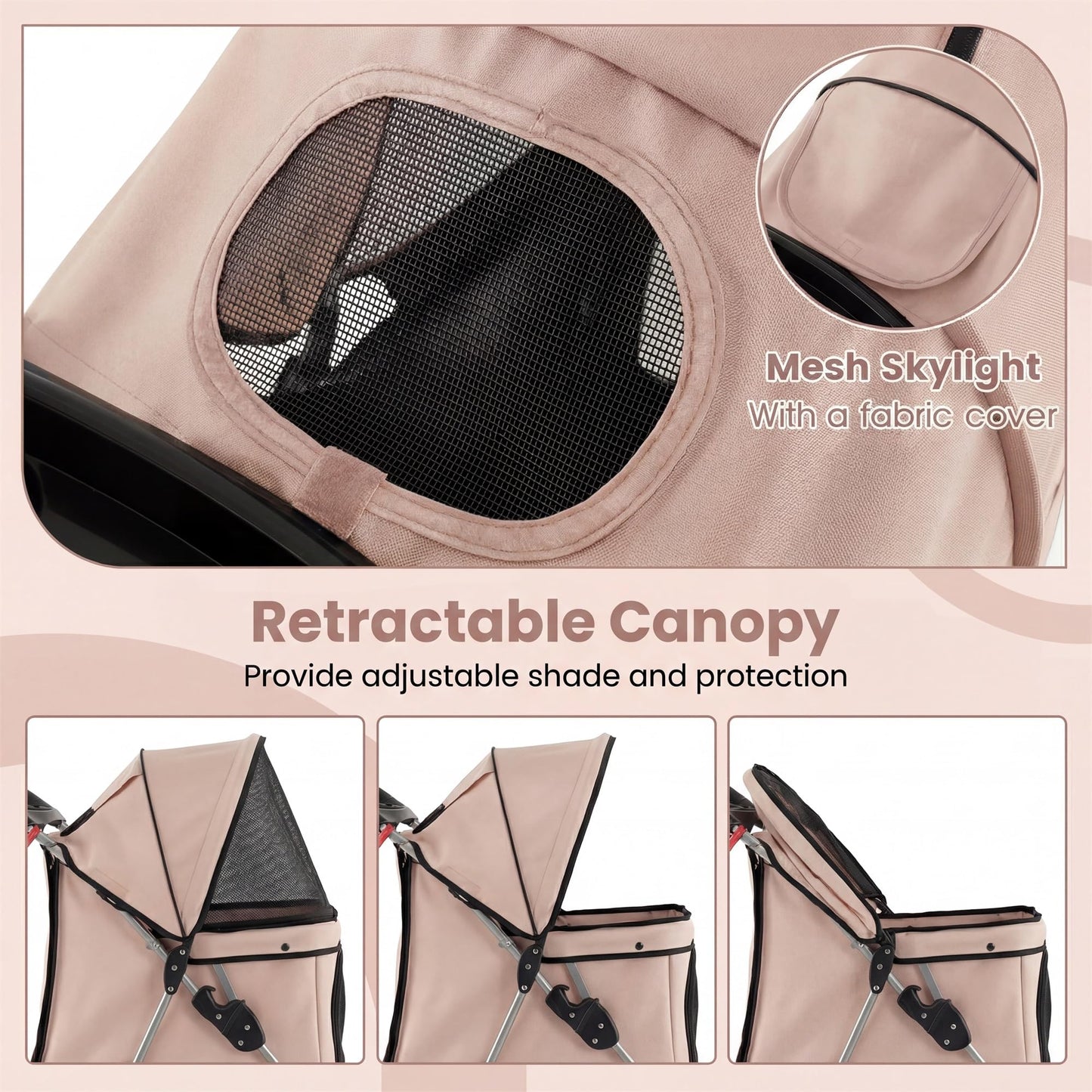 Giantex 3 Wheel Foldable Dog Stroller for Small Dogs Cats, Lightweight Pet Stroller with Lockable Wheels, One-Hand Quick Fold, Mesh Windows, Safety Leash & Storage Basket, Pet Travel Stroller (Beige)