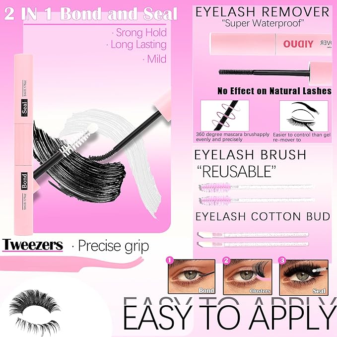 YIDUO 1520Pcs Lashes Clusters Kit with Spikes+Bottom 6 Styles 100D/200D/300D Cluster Lash Extension Kit with 2X Bond&Seal 10-20mm Volume Individual Eyelash Extension Kit Gift Packs
