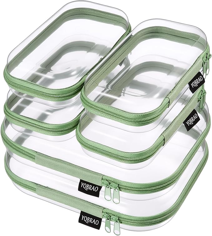 6 Pack Green Clear Hard Shell Beauty Organizer (2M+4S), 1.2mm Heavy Duty Crush-Proof Cosmetic Case, Reinforced YKK Zippers, Stadium Approved Security Bag for Skincare & Electronics, Multi-Size Set