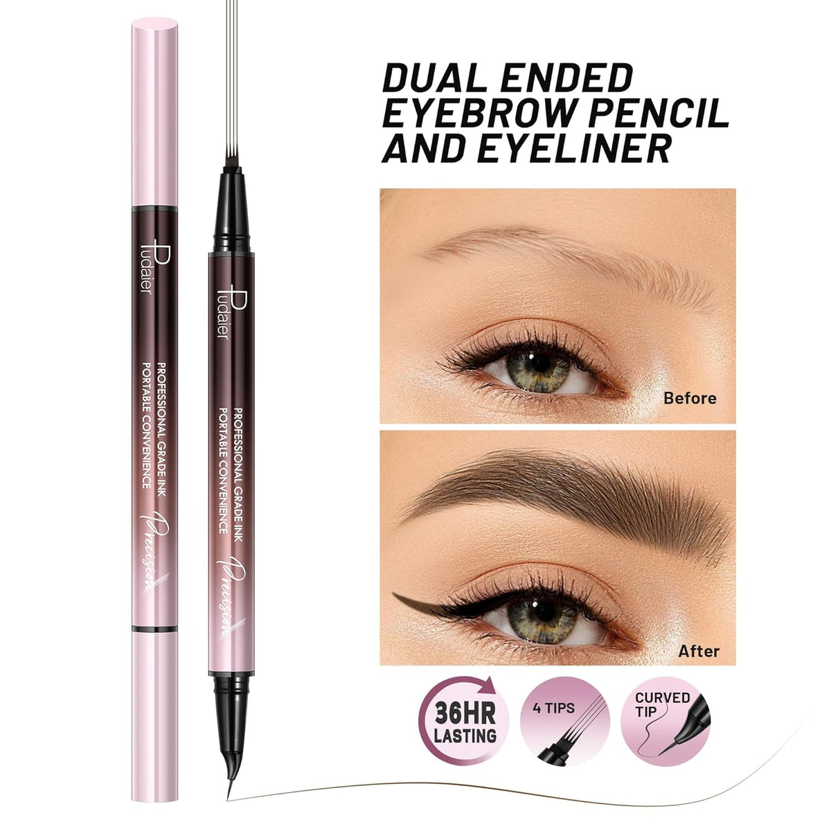 Eyebrow Pen, Waterproof Microblading Eyebrow Pencil, 2-in-1 Dual-Ended 4 Tip Eye Brow Makeup Pen for Women with Precise Curved Brush-Tip Create Natural Hair-Like Brows, Last All-Day (Dark Brown)