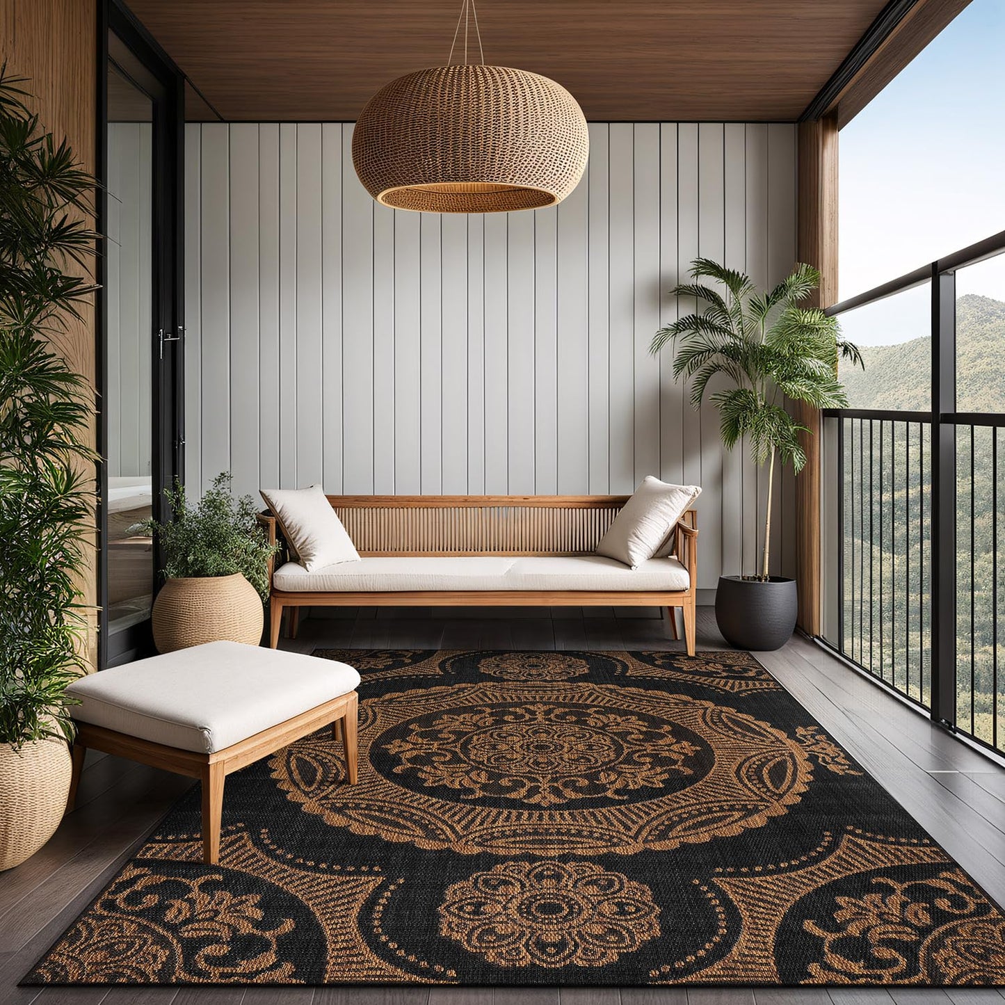 LuuL Home Medallion Outdoor Rug 10x14 Washable Outside Carpet for Indoor Patio Porch Waterproof Easy Cleaning Non Shedding Area Rugs Nut Brown 10 x 14