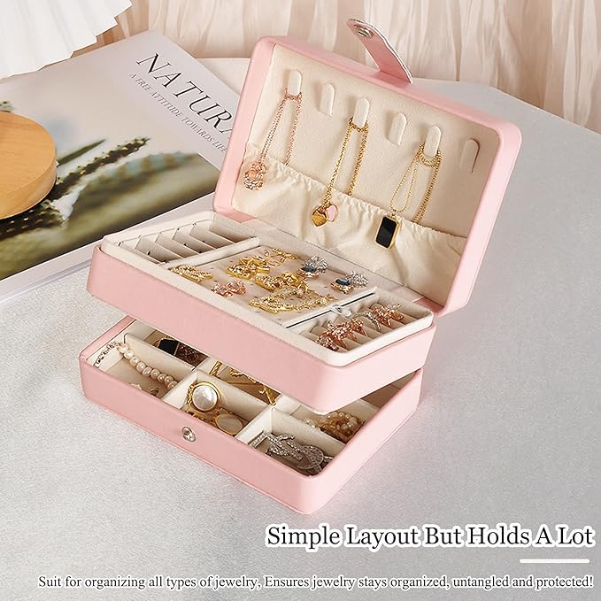 MODENGKONGJIAN Jewelry Organizer Box, 2-Layer Large Jewelry Storage Case, Portable Travel Jewelrys Display Holder for Earrings, Necklaces, Bracelets (Pink, PU Leather)