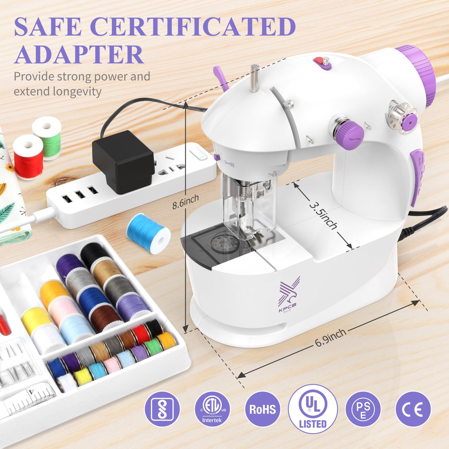 KPCB Tech Sewing Machine for Beginners [Full Set] with Finger Guard and Fabric Bundles - Mini Sewing Machine with Sewing Kits, Foot Pedal, US Adapter and Extension Table