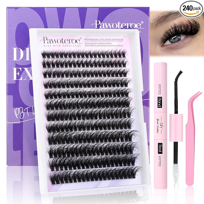 Lash Extension Kit Lash Clusters 80D Full DIY Cluster Eyelash Extension Kit 10-20mm Individual Lashes Mink with Lash Bond and Seal, Lash Tweezers for Self Application (Mink 80D,10-20mm, Kit)