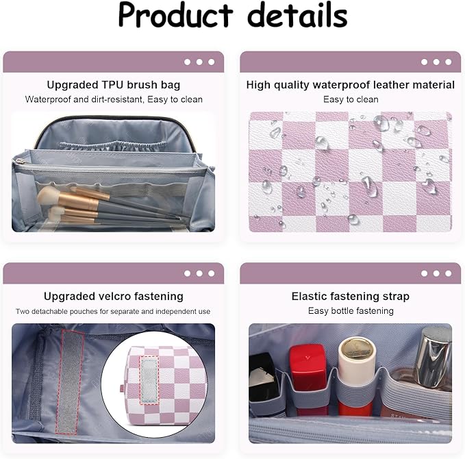 BOYATU Travel Makeup Bag Organizer Cosmetic Bag: 3 Pcs Set Make up Bags for Women with Handle - Waterproof Vegan Leather Toiletry Bag (01-G-Purple)