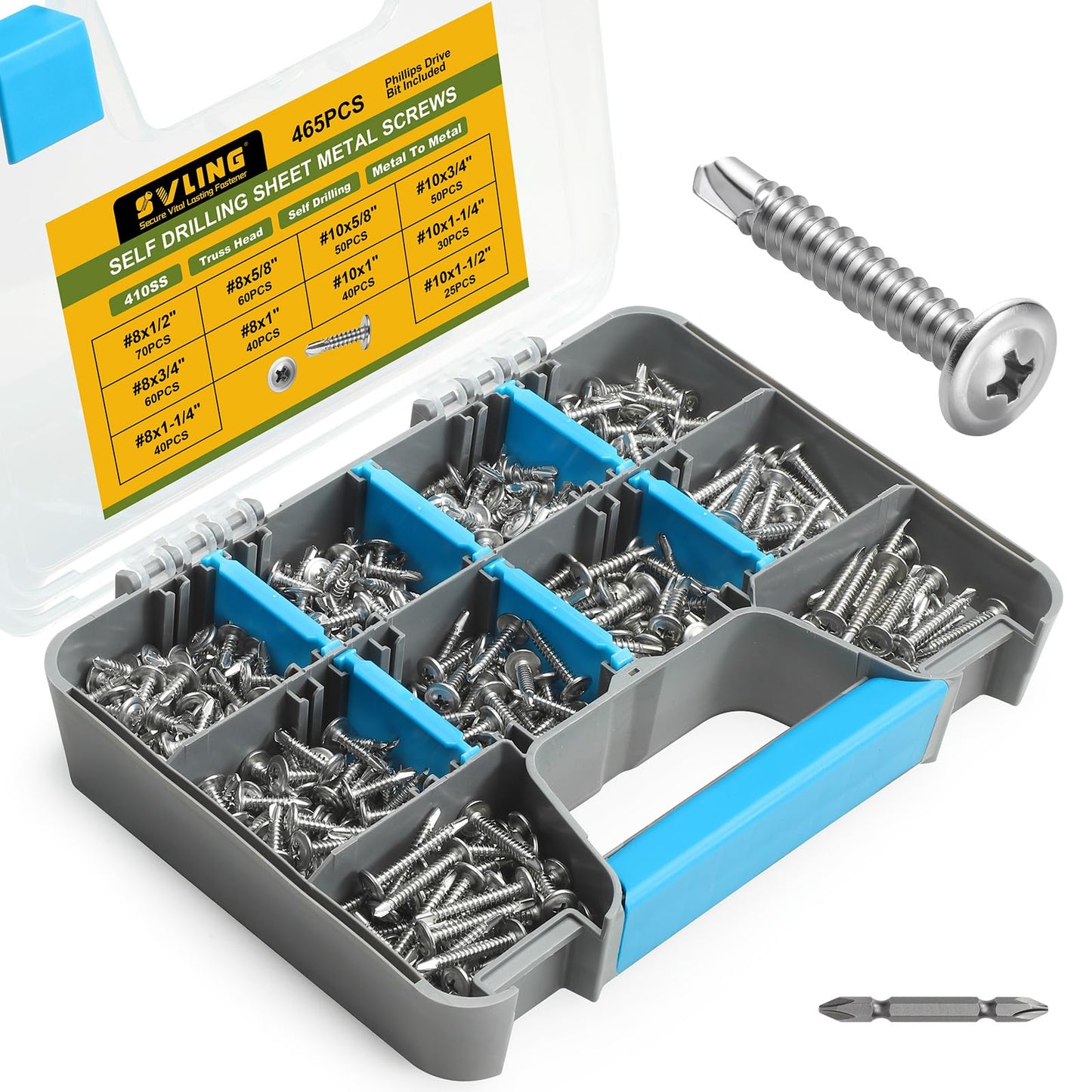 SVLING Self Tapping Screws Assortment Kit 465PCS, Modified Truss Head Sheet Metal Screws #8#10 1/2",5/8",3/4",1",1-1/4",1-1/2" Stainless Steel 410 Self Drilling Screw for Metal Wood Plastic