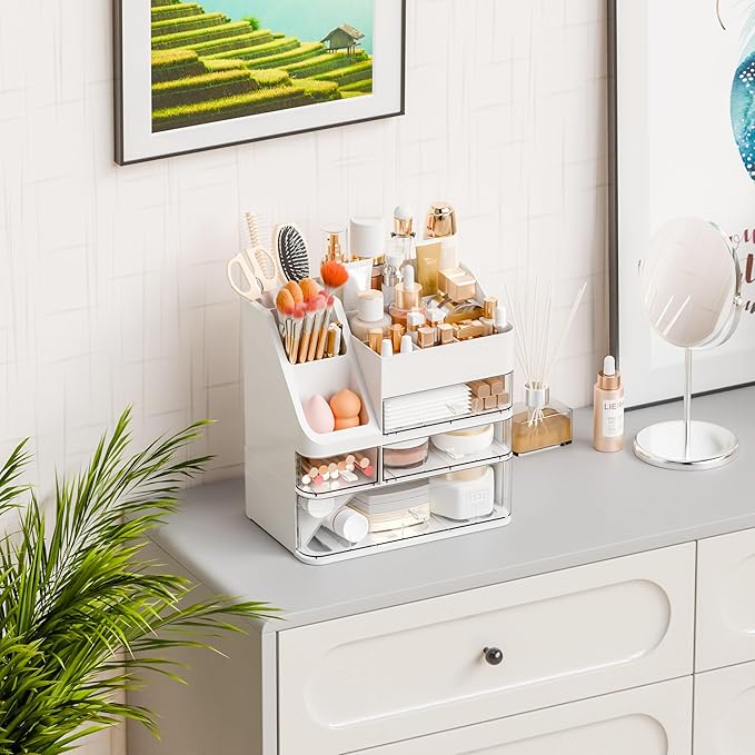 Yieach White Makeup Organizer Countertop With 4 Drawers,Large Cosmetics Storage Organizer for Brush,Hair Products,Plastic Makeup Holders and Beauty Skincare Organizers for Bathroom,Vanity,Dresser Top