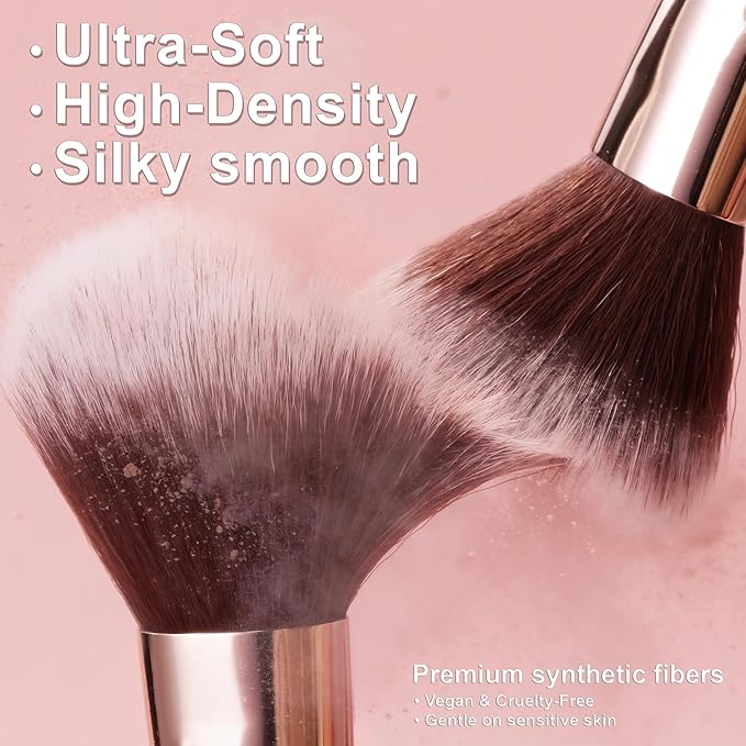 Pink Makeup Brushes Set 14 Pcs Professional, Synthetic Foundation Concealer Powder Blush Eyeshadow Brushes with 2 Powder Puffs & Dual-ended Mask Applicator, Gifts for Women Teen Girls