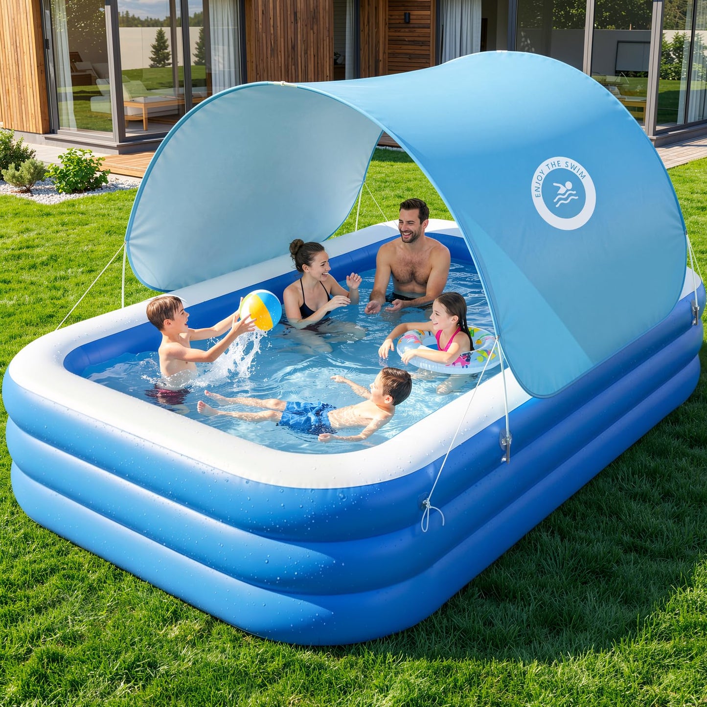 HeySplash Inflatable Pool with Canopy, Large Inflatable Swimming Pool for Adults & Kids, Blow Up Pool Thickened Family Pool for Outdoor Backyard Garden Party Summer Fun, 118" x 69" x 24"(Blue)