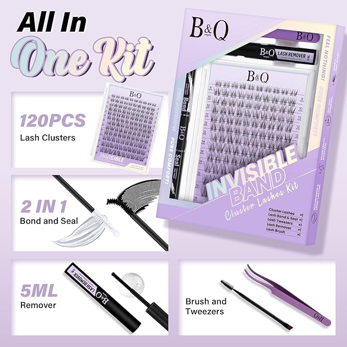 B&Q Flora Eyelash Clusters Kit - Velure DIY Lash Extension Kit at Home Beginner-Friendly Natural Lashes, 120pcs 8-18mm Wispy Clusters with 0.3mm Invisible Band & Waterproof, Daily Collection