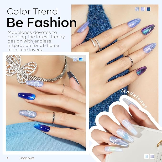modelones Gel Nail Polish Set, 6 Colors Winter Icy Blue Collection Glitter Gel Polish Galaxy White Dark Blue 9D Cat Eye Nail Polish with Magnet Soak Off Led Nail Art Kit Salon DIY Gift