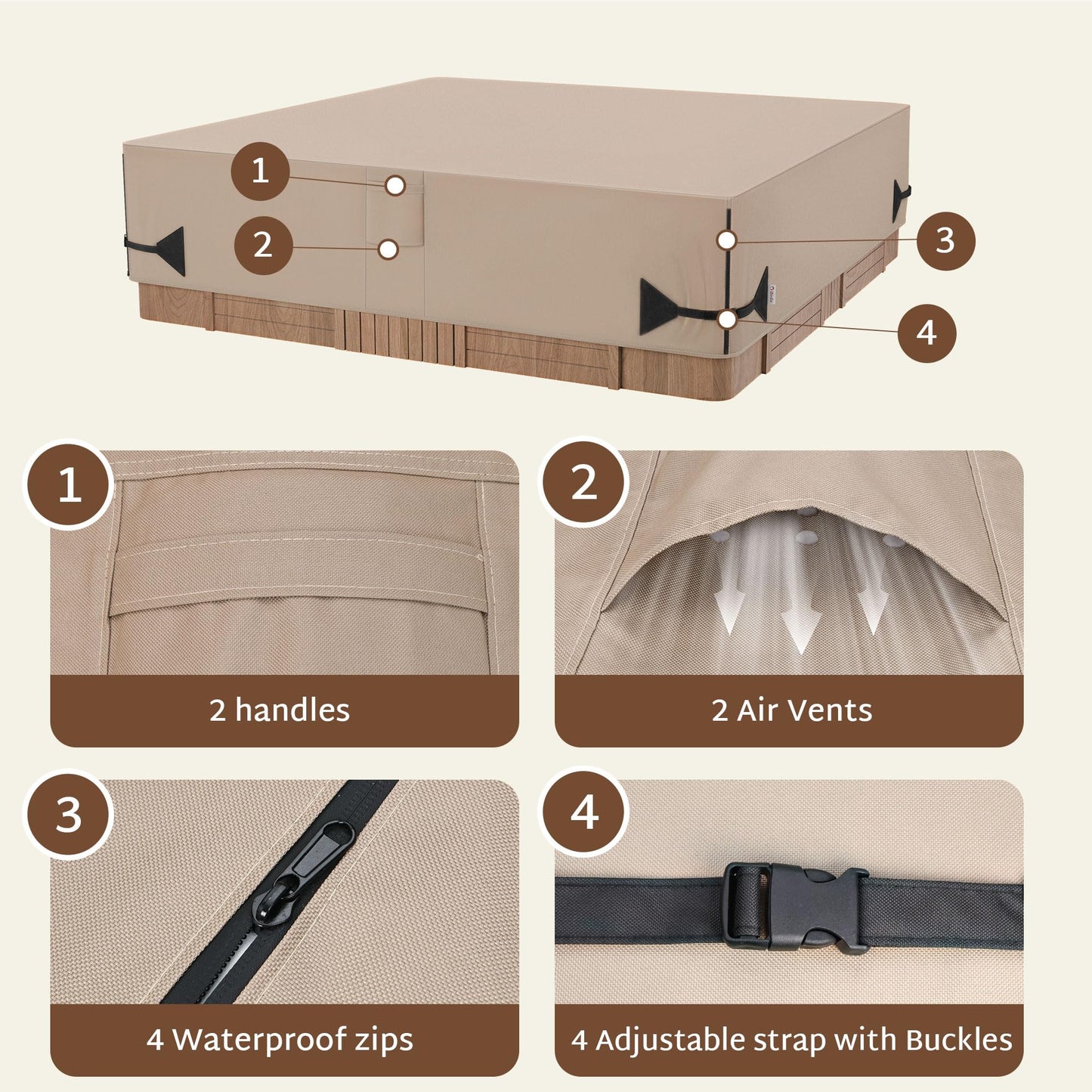 iBirdie Outdoor Waterproof Hot Tub Cover 88 x 88 inch fit 85 x 85 or 86 x 86 or 87 x 87 Square SPA 600D Heavy Duty Weatherproof Cover Protectors Protective Cap, Brown