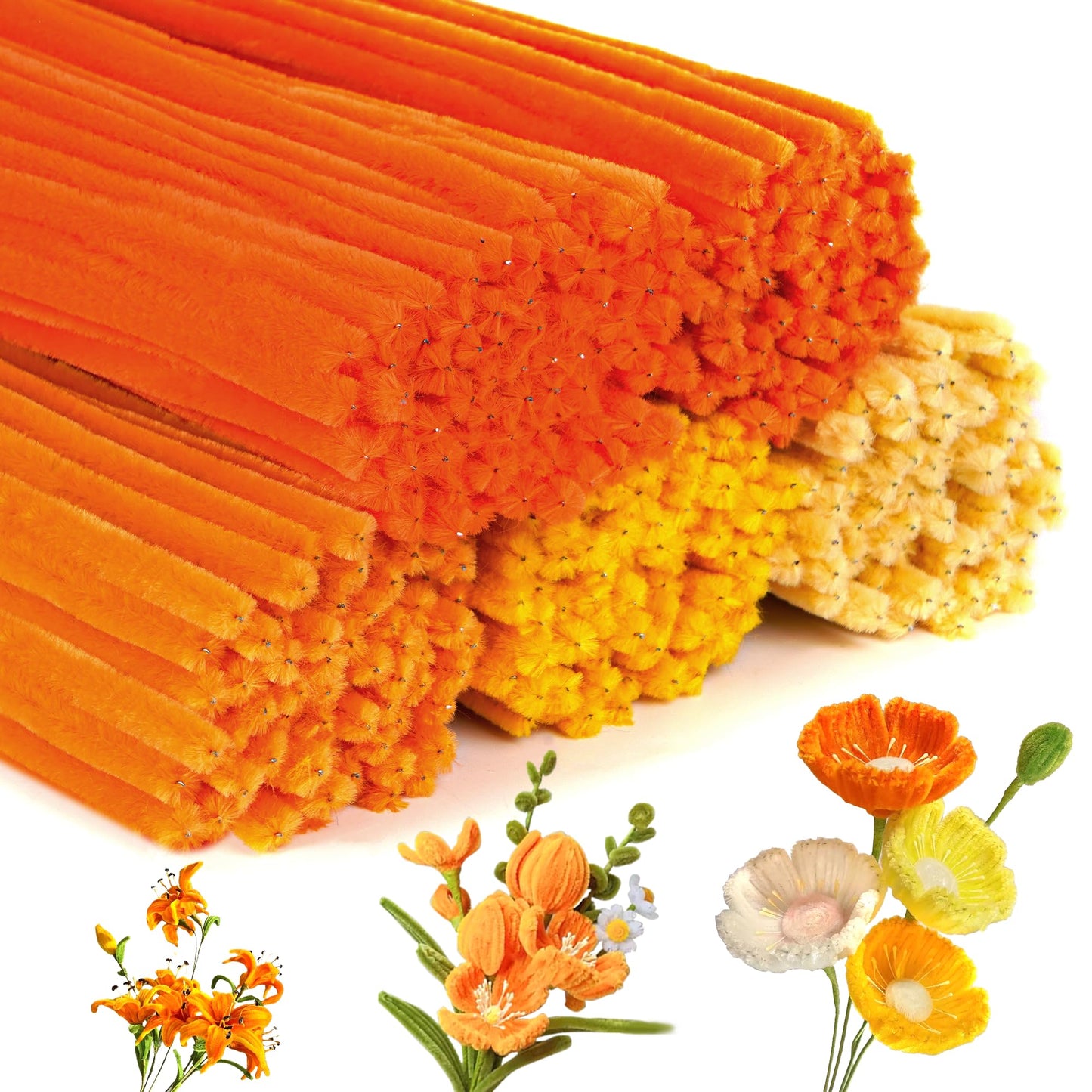 YONOVO 500 Pcs Orange Pipe Cleaners for Crafts Flowers Bulk 8mm Thick 12 inch Long, Yellow Pipecleaners Chenille Stems Fuzzy Sticks Wire Tiges Chenilles for Kids Craft Supplies (Gradient Orange)