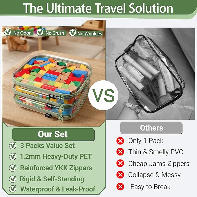 YQBRAO 3-Pack Large Clear Hard Shell Zipper Case, 1.2mm Ultra-Thick Rigid Toy & Closet Organizer, Heavy-Duty Diaper Bag Pouch Set with YKK Zippers, Waterproof Travel Storage (Green)