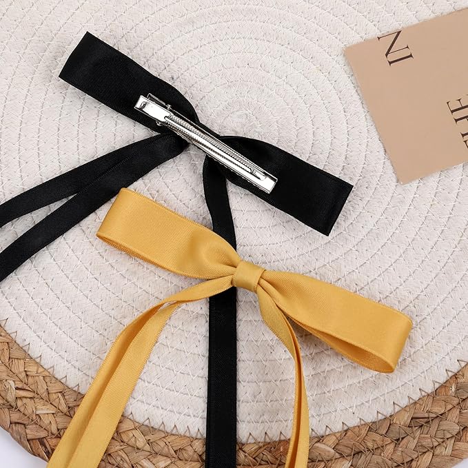 Hair Bows Clips Coquette Ribbon Bowknot with Long Tail Princess Hair Bows French Barrettes Hair Accessories for Women Girls 16PCS (Rose red, Pink, Yellow, Black)