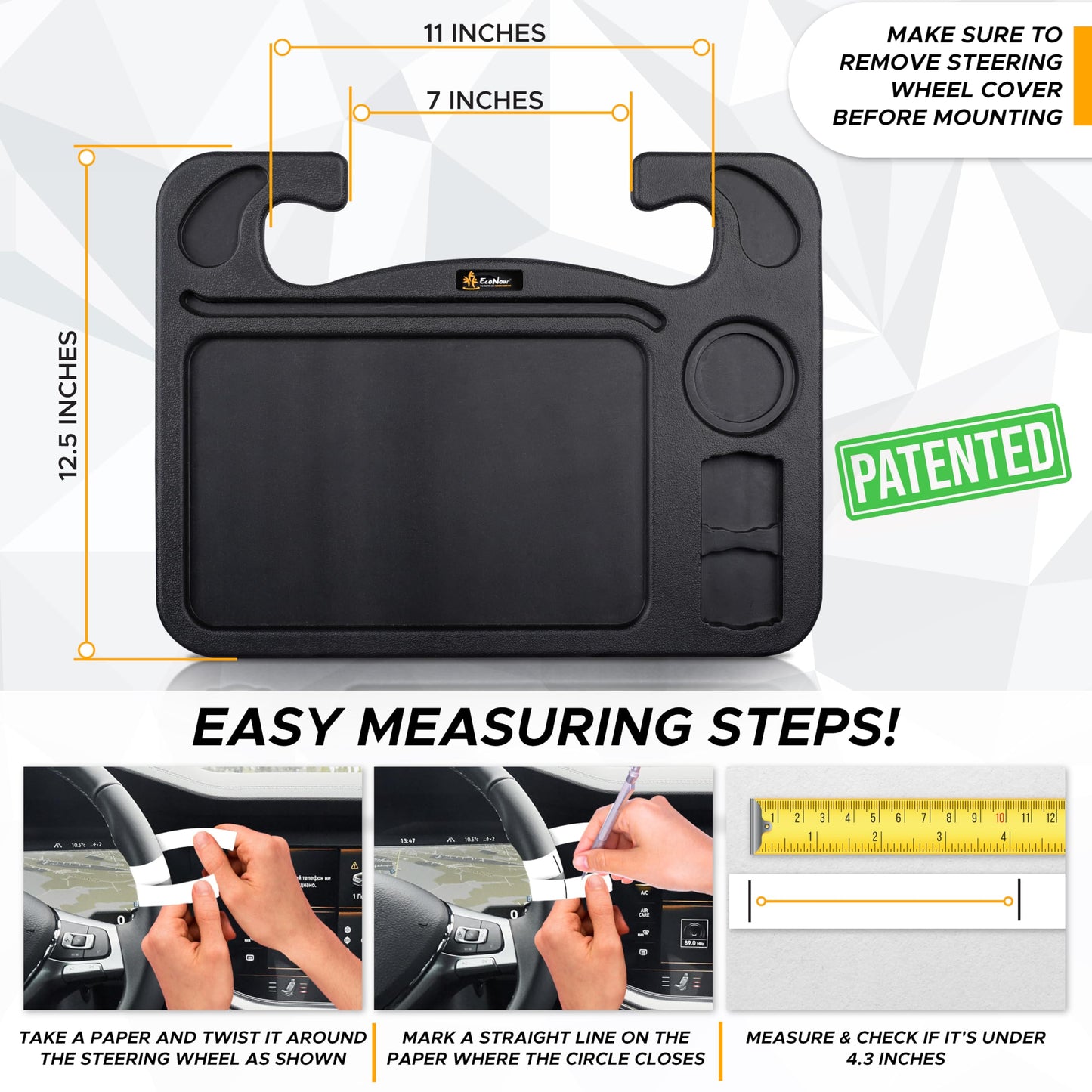 EcoNour 4 in 1 Car Steering Wheel Tray - 2026 Upgraded Tray with Dual Sauce Dip Holder and Tablet Holder | Spacious Steering Wheel Desk for Food and Laptop | Car Accessories (Large)