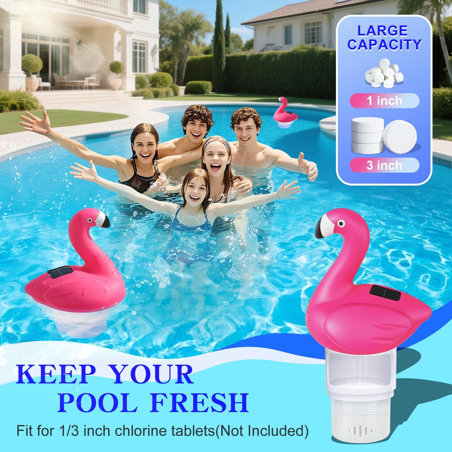 Blufree Pool Chlorine Floater, Solar Flamingo Chlorine Tablet Floater w/Adjustable Release, Glow in The Dark Large Capacity Floating Chlorines Dispenser for Pool Hot Tub Spa