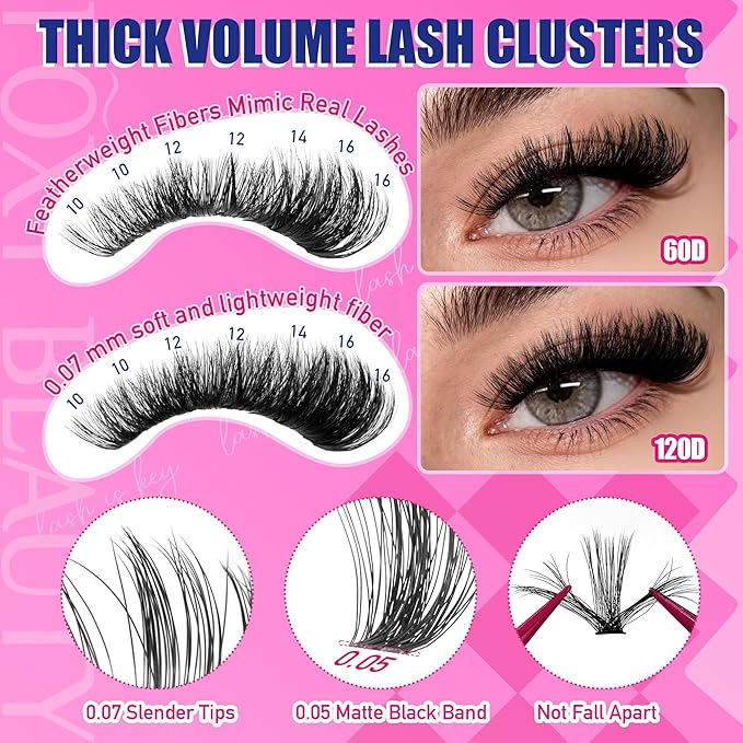 Lash Clusters Kit Lashes Fluffy Lash clusters Thick Lash Extension Kit D Curl DIY False Eyelashes with Bond and Remover 60D 120D