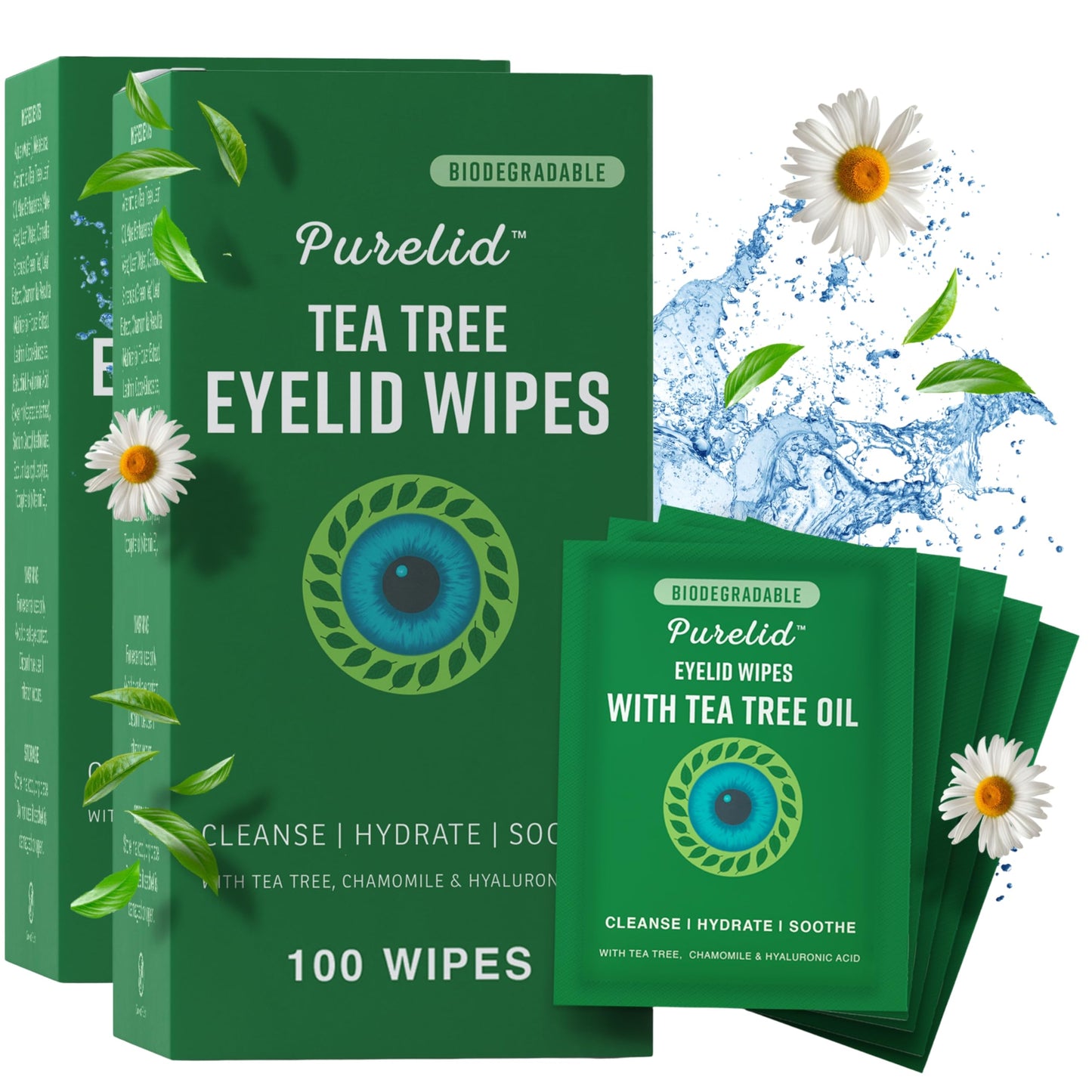 PURELID 200 PCs Tea Tree Eyelid Wipes â Cleaning Eye Wipes for People with Dry Eyes â Gentle Eyelid Cleanser with Hyaluronic Acid, Chamomile and Aloe â Individually Wrapped & Biodegradable - 2 pack