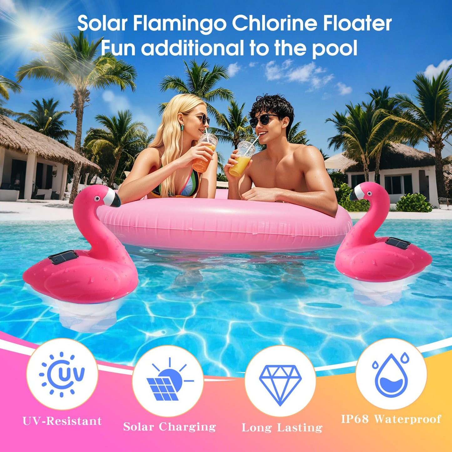Blufree Pool Chlorine Floater, Solar Flamingo Chlorine Tablet Floater w/Adjustable Release, Glow in The Dark Large Capacity Floating Chlorines Dispenser for Pool Hot Tub Spa