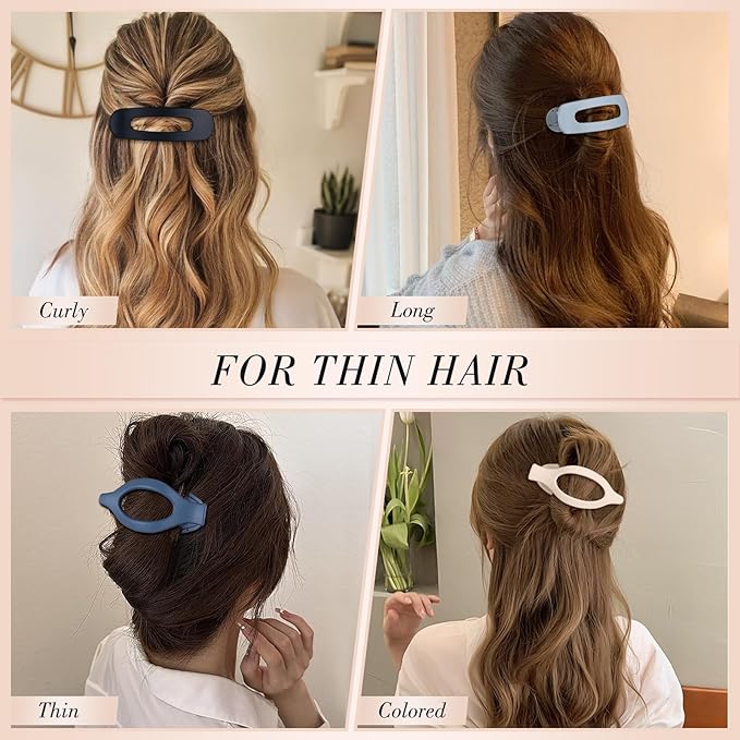 Obeoby 8 Pcs Flat Hair Clips for Women, 2 Styles French Flat Claw Clips for Thick or Thin Hair Large Medium Barrettes Hair Accessories Girls (Blue, Black, White)