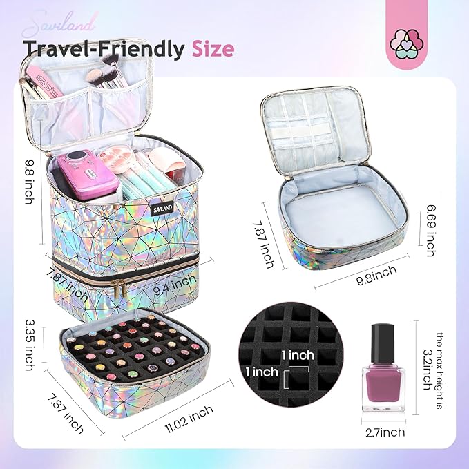 SAVILAND Nail Polish Organizer Bag: PU Leather Nail Kit Organizer Holds 30 Bottles & Nail Lamp, Holographic Nail Supply Organizer Nail Polish Holder Case Nail Organizers and Storage Box for Nail Tech