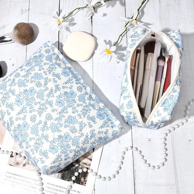 SOIDRAM 2 Pcs Makeup Bag Large Cosmetic Bag Toiletry Bag Makeup Pouch Travel Bag Organizer Cute Makeup Brushes Aesthetic Accessories Storage Bag for Women Blue Floral