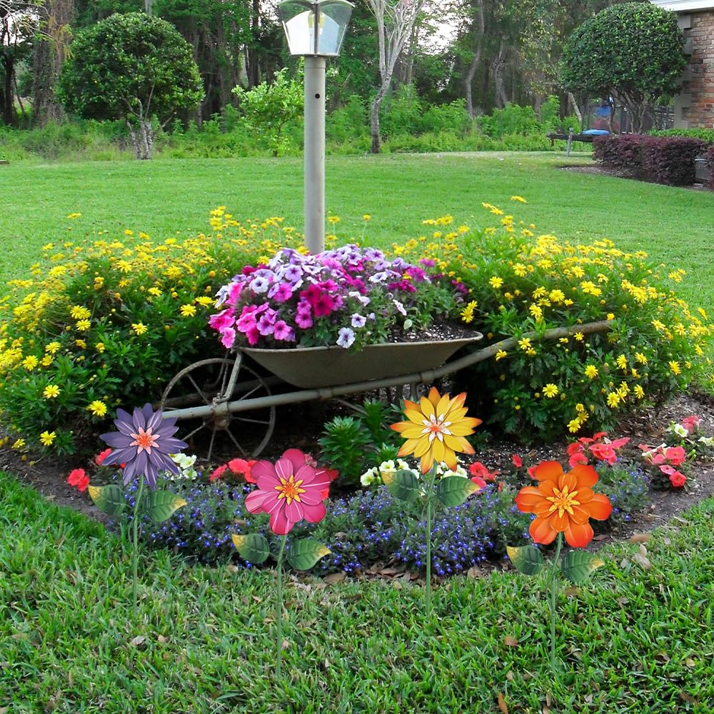 hogardeck Metal Flower Decorative Garden Stakes,4 Pcs 19" Outdoor Garden Decor with Shaking Flower Head Yard Stakes, Yard Art Spring Decorations for Patio Lawn (Pink & Yellow & Purple & Orange)