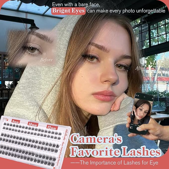 Lash Clusters Natural Look 8-10-12MM Short Cluster Eyelash Extensions for Clean Girl Makeup Wispy Eyelash Clusters C-curly Individual Lashes Thin Lash Band by Newcally