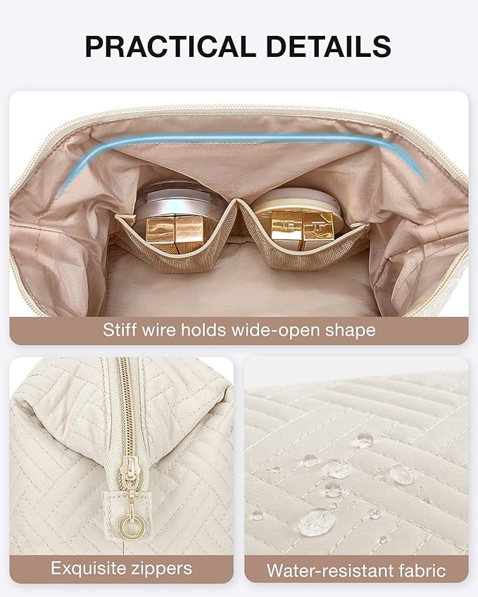 BAGSMART Travel Makeup Bag, Cosmetic Bag Small Make Up Organizer Case,Wide-open Pouch for Women Purse for Toiletries Accessories Brushes,Small Beige