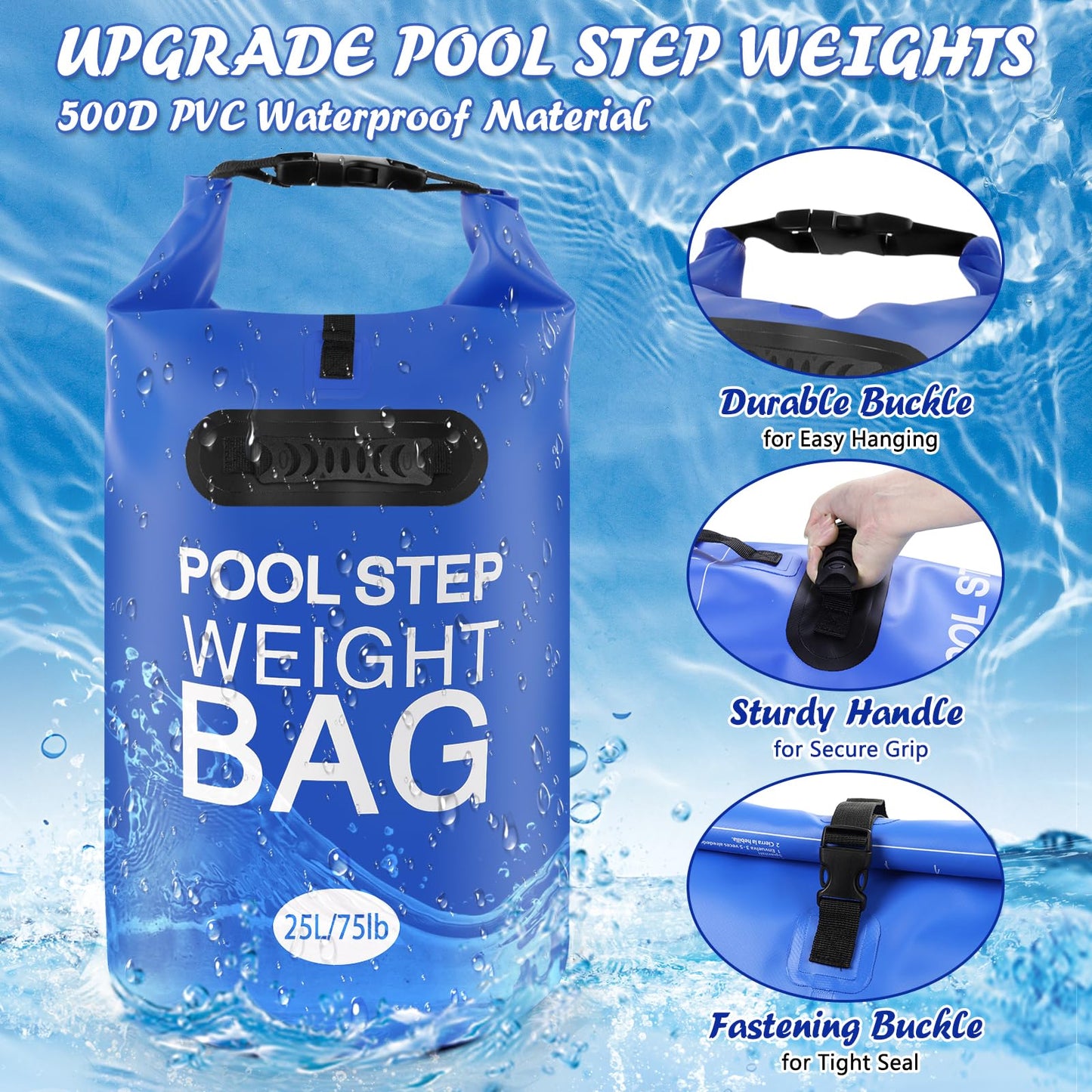 2 Pack 25L/75lb Universal Pool Step Weights 500D PVC Waterproof Swimming Pool Ladder Weights No Breaken Above Ground Pool Ladder Sand Bags, Foldable Pool Stair Weights for Pool Steps(Blue)