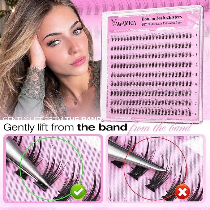 Bottom Lash Clusters 5-7mm DIY Lower Lash Extensions Natural Wispy Bottom Individual Lashes Clusters Tiny Soft Band Eyelash Clusters Under Cluster Lashes for Bottom Eyelash Extensions by Yawamica