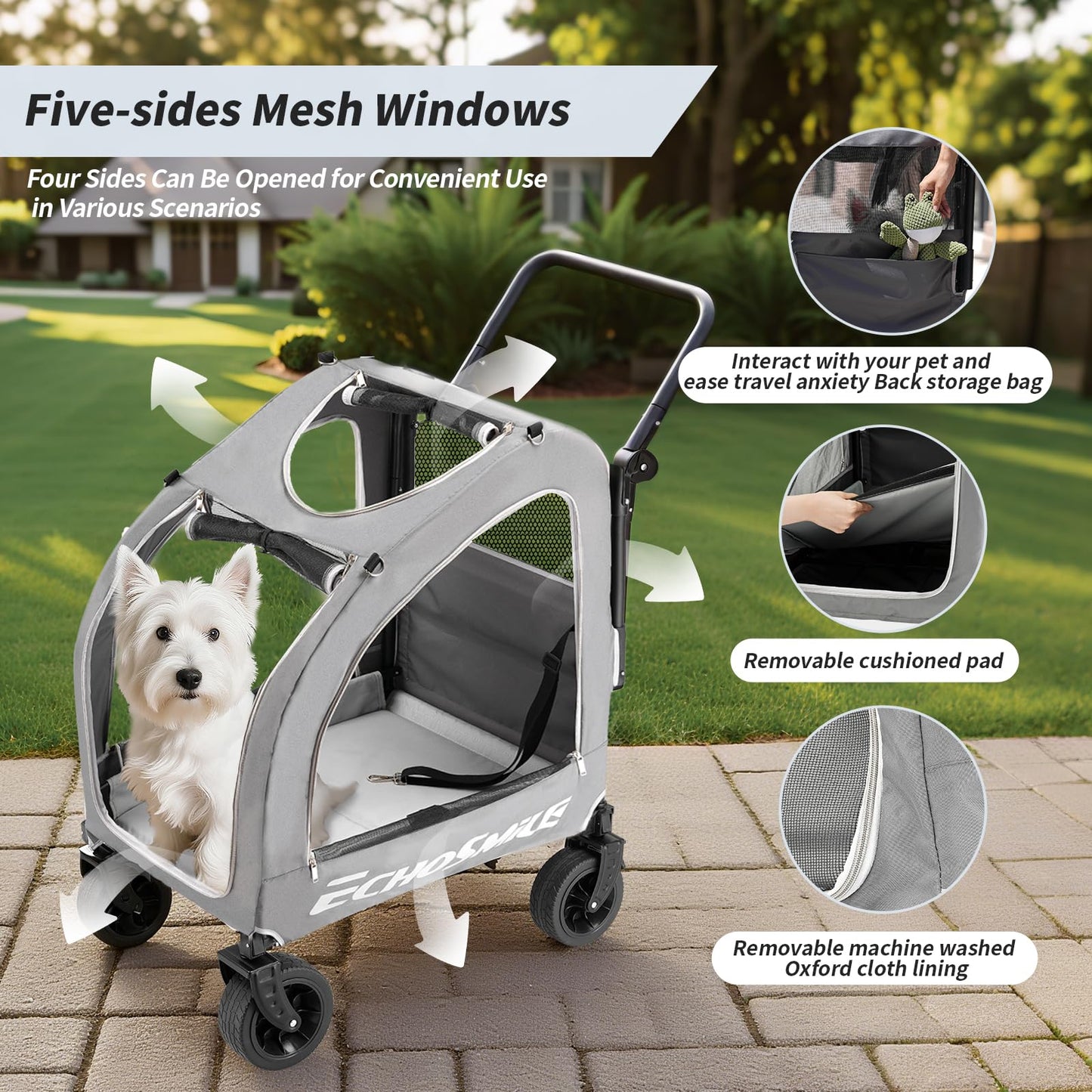 EchoSmile 4 Wheels Pet Stroller, Dog & Cat Stroller for All-Season, Lightweight Carrier with Storage Basket, Adjustable Handle, Removable Pad, Breathable Mesh, Up to 135 lbs, Grey