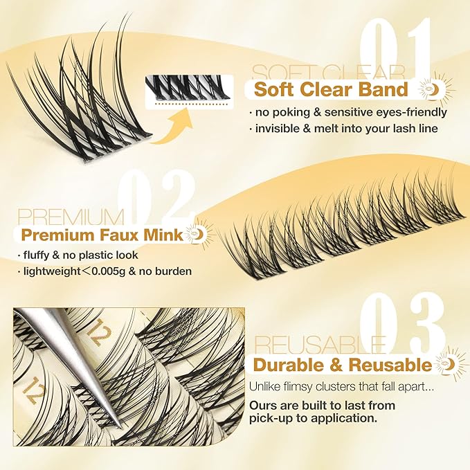 12MM Natural Eyelash Clusters Clear Band Lash Clusters Fluffy Individual Lashes DIY Cluster Lashes Wispy Cluster Eyelash Extensions for Polished Look (108PCS, CC Curve)