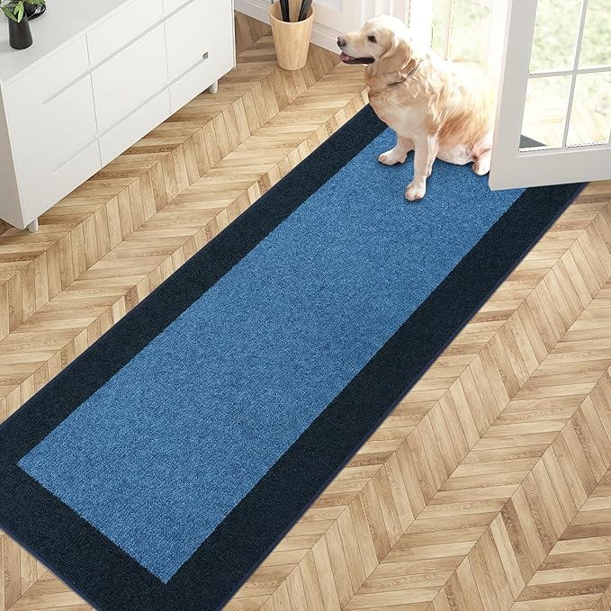 PURRUGS Dirt Trapping Door Mat 24" x 70", Non-Slip Washable Entry Mat, Dog Doormat, Front Door Mat, Super Absorbent Entrance Mat for Muddy Shoes & Paws, Light Blue & Navy
