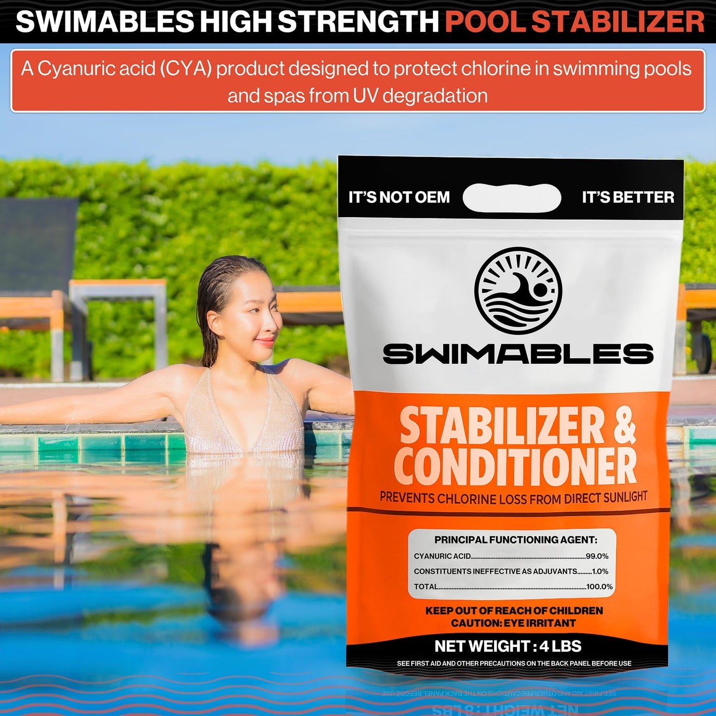 Swimables 4-Pounds Premium Pool Stabilizer & Conditioner, Max Strength Cyanuric Acid for Pools, Spa & Salt Water – Reduces Chlorine Loss, Ideal for Swimming & Hot Tubs
