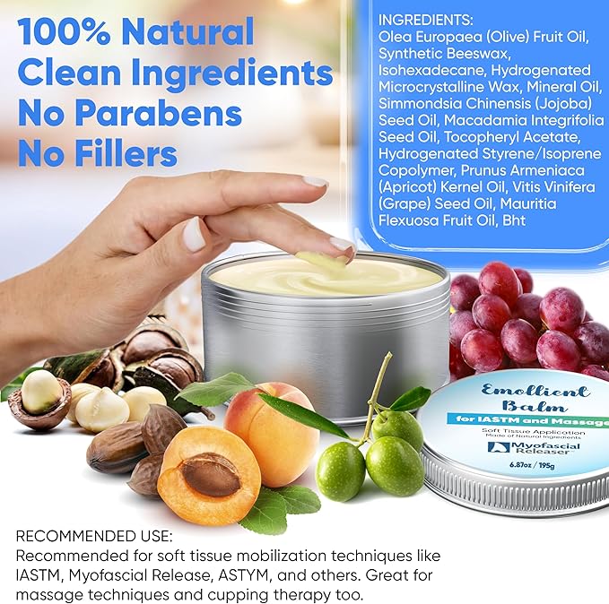 Myofascial Releaser Emollient Balm for IASTM & Gua Sha – Non-Greasy Massage Balm for Tool Glide and Bodywork – Natural, Hypoallergenic, Unscented Massage Balm Alternative to Oil (195g)