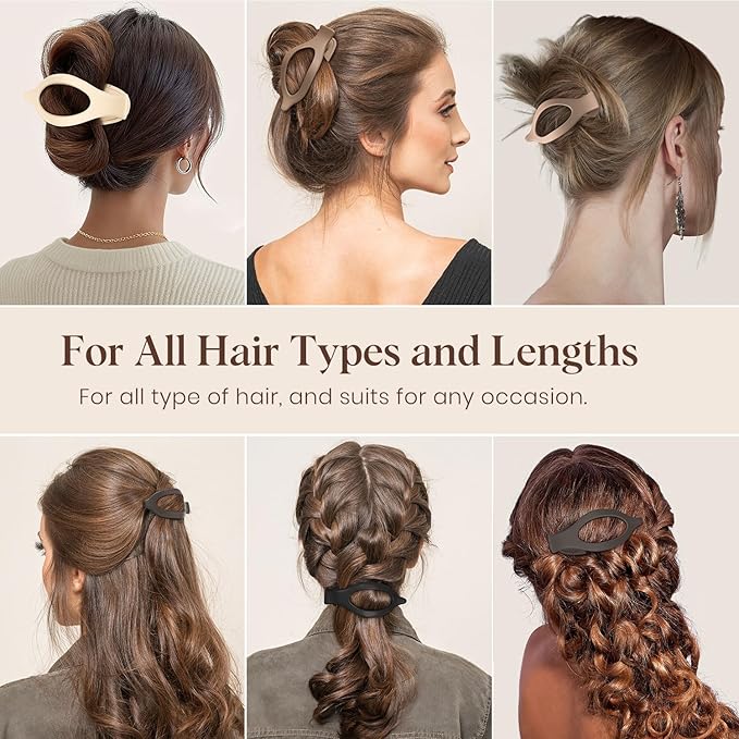 4 PCS Large Flat Hair Clips for Women Girls, French Concord Lay Down Flat Claw Clips for Thick Thin Hair, Comfortable Curved Flat Hair Clip, Matte Non-slip Strong Hold Hair Accessories, Brown
