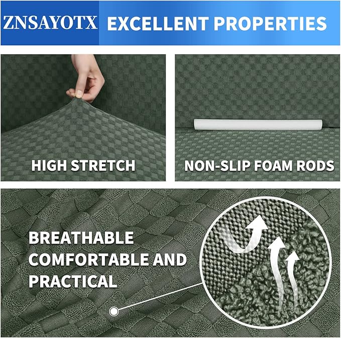 ZNSAYOTX 1 Piece Jacquard Couch Covers for 3 Cushion Couch Living Room High Stretch Sofa Cover Pets Dogs Friendly Anti Slip Thickened Slipcovers Furniture Protector (Sofa, Army Green)