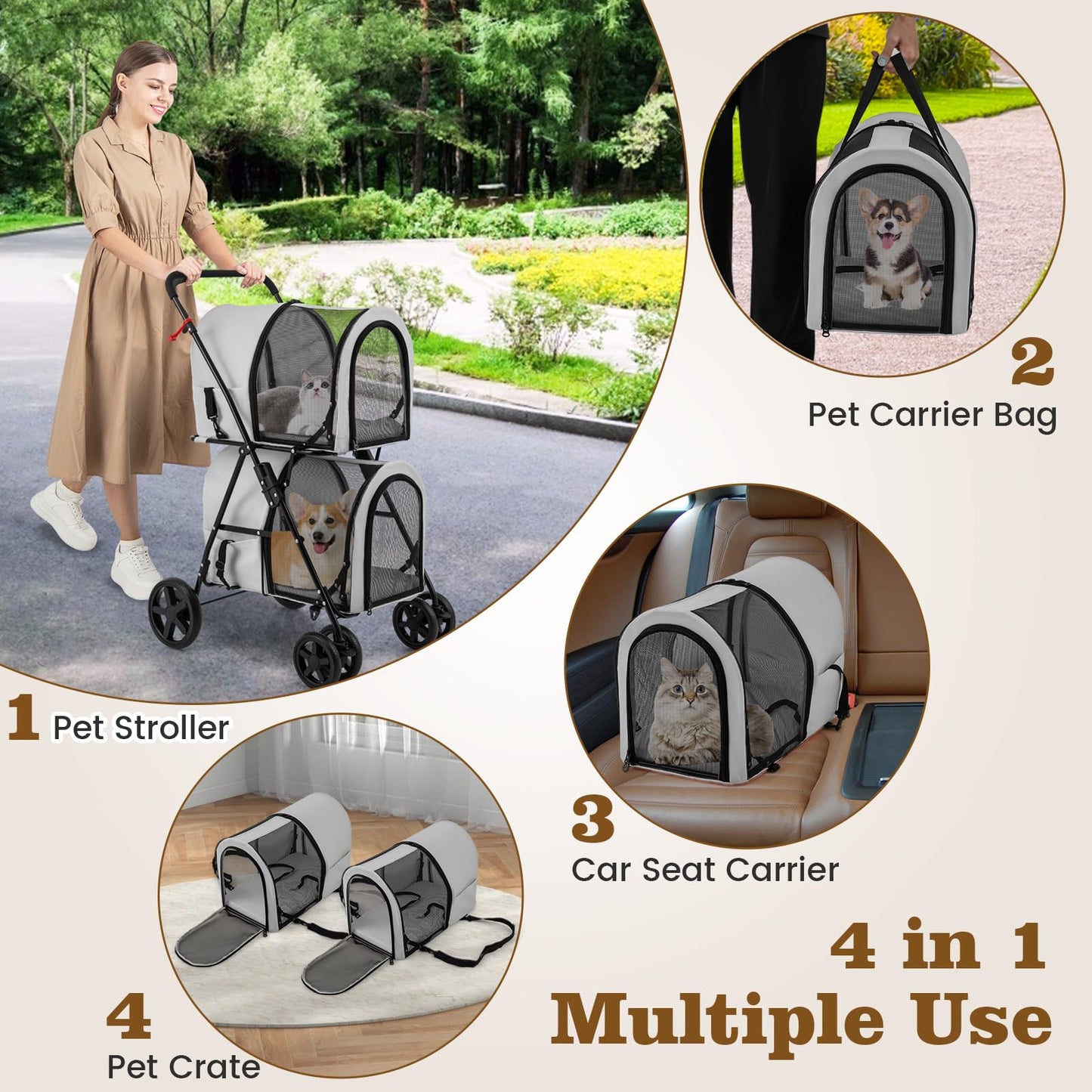 HAPPAWS Dog Stroller with 2 Detachable Carrier, Pet Stroller for Small Medium Dogs Cats, Jogger/Travel/Camping, 4-in-1 Doggy Pet Carrier, Carrier Strolling Cart with Lockable Wheels (Gray)