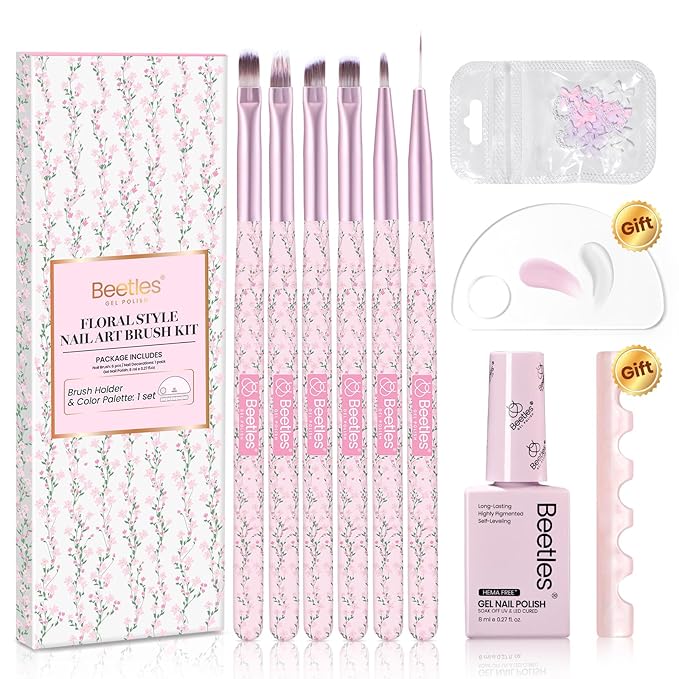 Beetles Gel Polish Nail Art Brushes Set 6 Pcs Nail Brush and 8 ml Pink Painting Gel, Floral Pattern Handle Gradient Bristles Fingernail Art Pens DIY with Bowknot Accessories Manicure Design Tools Set