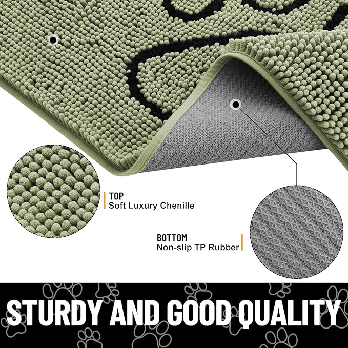 Smiry Dog Door Mat for Muddy Paws, Absorbent Dirt Trapper Non Slip Quick Dry Washable Chenille Mat for Mud Dogs, Entry Rug for Indoor and Outdoor (36x24 Inches, Sage Green and Black)