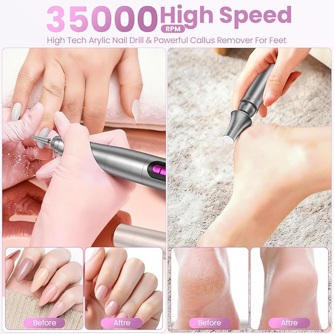 Cordless Nail Drill 35000RPM, Portable Electric Nail File for Acrylic Gel Nails, Professional Manicure Pedicure Kit, Rechargeable efile Set for feet with LCD Display, Low Noise Low Vibration-Grey