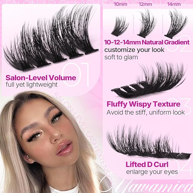 Yawamica Fluffy Lash Clusters 10-14mm Short Eyelash Clusters Thick 200D Volume Cluster Eyelash Extensions D Curl Wispy Individual Lashes DIY Lash Extension for Soft Glam and Daily Wear