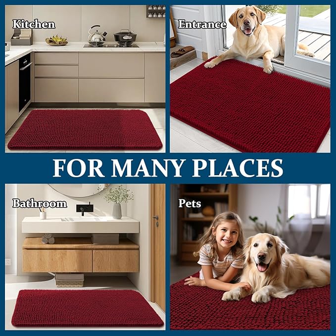 OLANLY Dog Door Mat for Muddy Paws 50x30, Absorbs Moisture and Dirt, Absorbent Non-Slip Washable Doormat, Quick Dry Chenille Mud Mat for Dogs, Entry Indoor Entryway Carpet for Inside Floor, Red