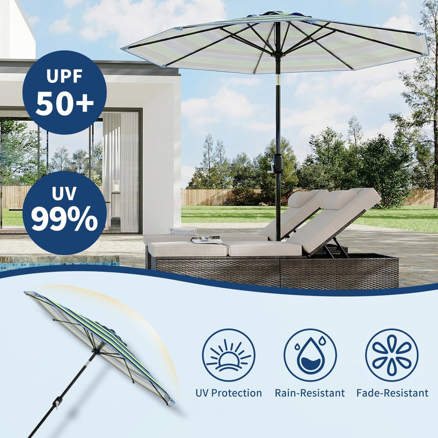 Garvee 10FT Patio Umbrella - Outdoor Table Umbrella with Crank Lift & Push Button Tilt - Market Umbrella 8 Sturdy Ribs UV Protection for Pool, Deck, Yard, Garden
