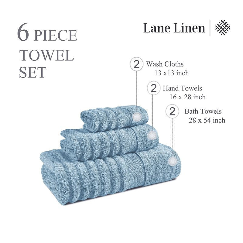 LANE LINEN Cotton Bath Towels Set of 6 - Exclusive Zero Twist - Softer, Quick Dry & Absorbent - 2 Bath, 2 Washcloths, 2 Hand Towels for Bathroom - Durable, Premium Quality & Ideal Gift for Him - Blue