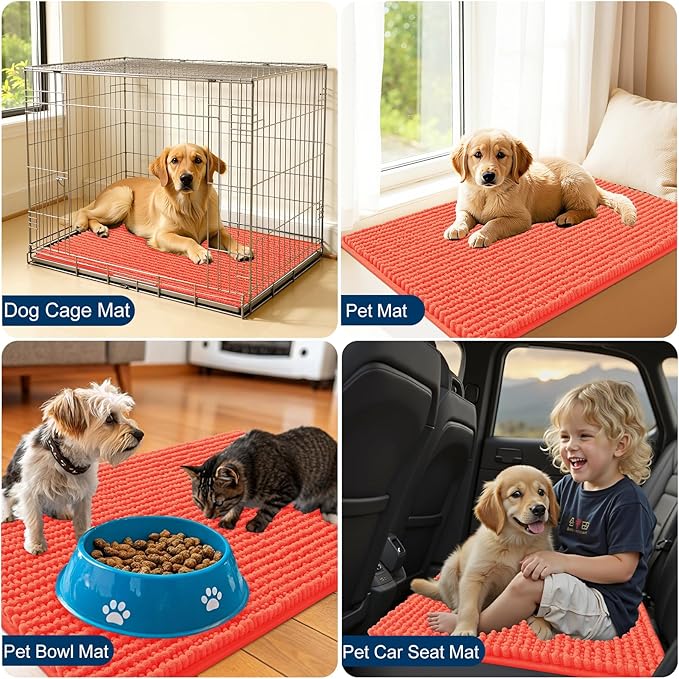 OLANLY Dog Door Mat for Muddy Paws 59x35, Ultra Absorbent Chenille Mud Doormat, Non-Slip Washable and Dirt Trapping Doormat for Indoor Entryway, Quick-Dry Indoor Pet Bed Mats for Dogs, Coral